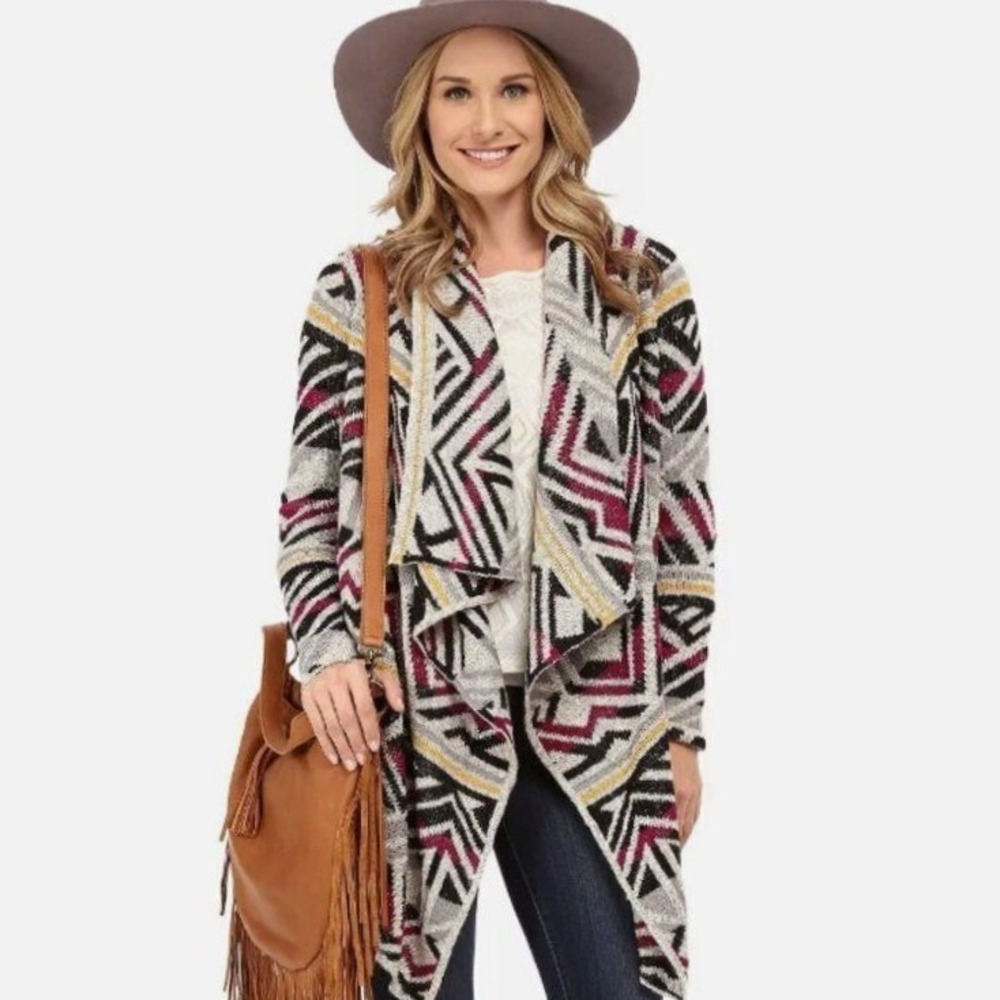 Lucky Brand Intarsia Open Waterfall Cardigan Women's Small Boho Sweater Western‎